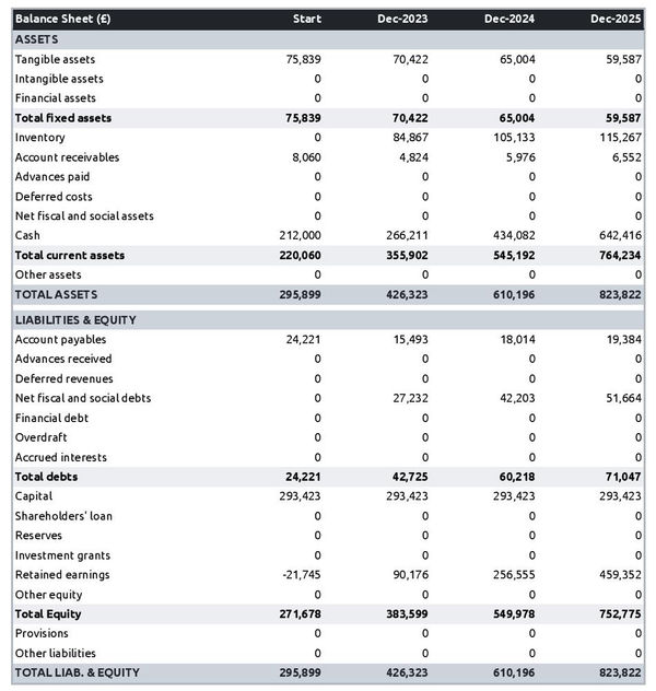 example of arts and crafts shop startup projected balance sheet