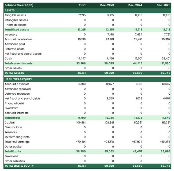 example of coconut farm startup projected balance sheet