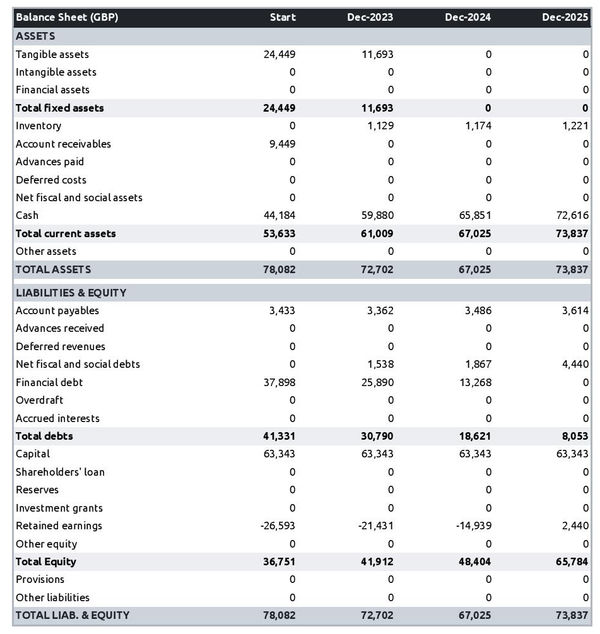 example of fish farm startup projected balance sheet