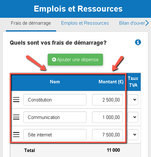 modifier le nom et le montant d'un frais de démarrage dans le tableau