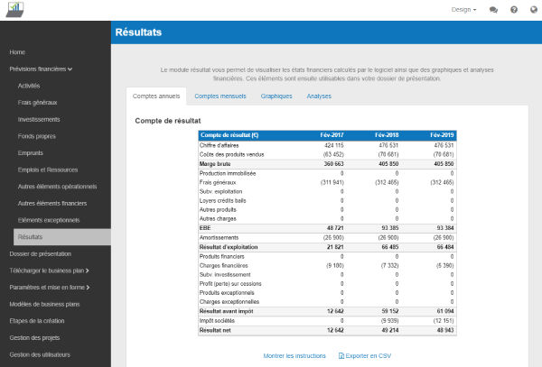 tableaux financiers reprise d'entreprise sur 3 ans