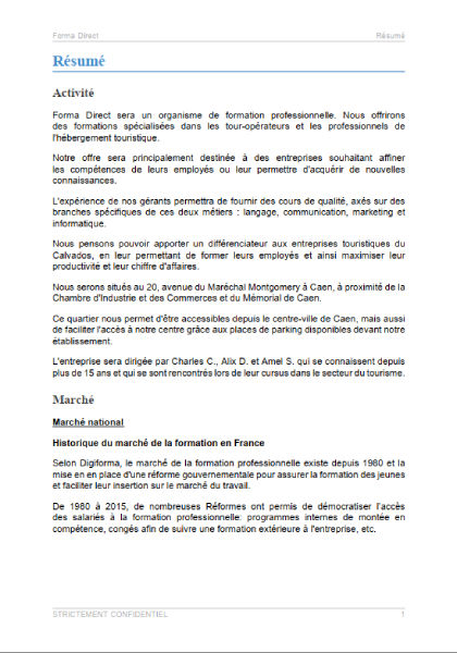 executive summary du modèle de business plan d'organisme de formation
