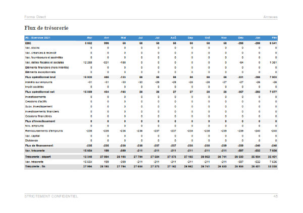 Prévisionnel de trésorerie mensuel du modèle de business plan d'organisme de formation