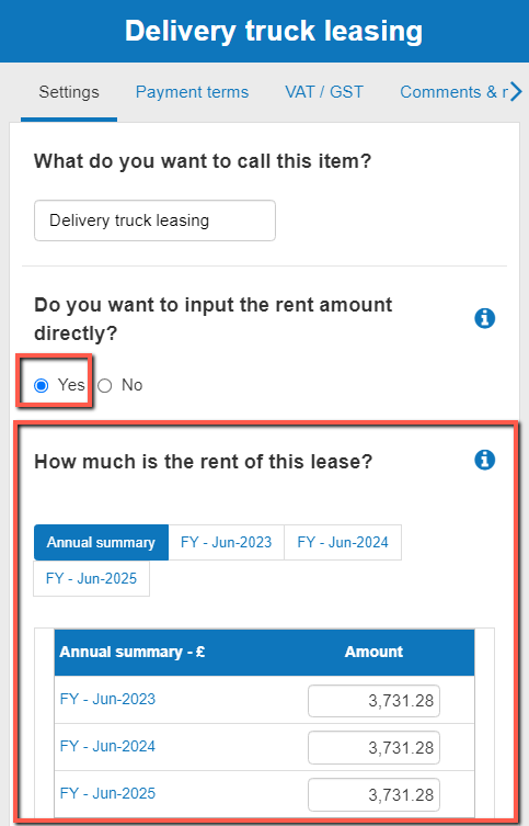 entering the lease rental payments using an annual summary in The Business Plan Shop's financial forecasting software