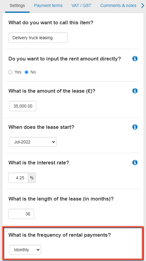choosing monthly as the frequency of rental payments for my lease