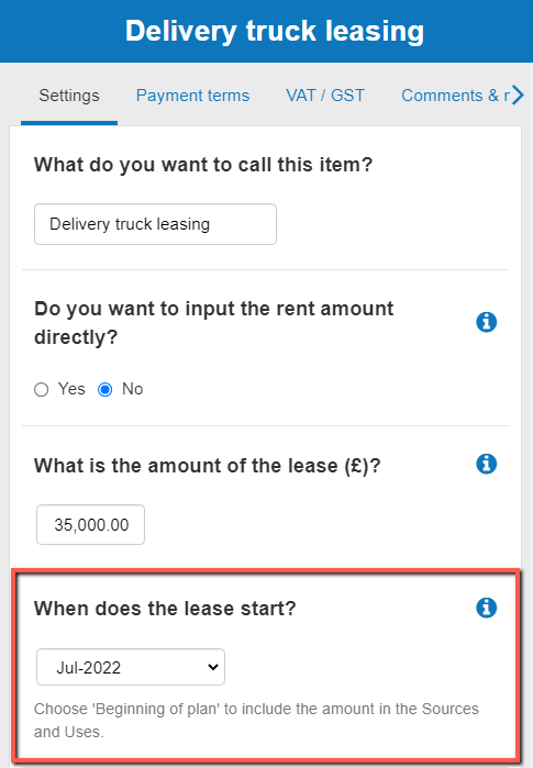 entering the lease start date in The Business Plan Shop's online software
