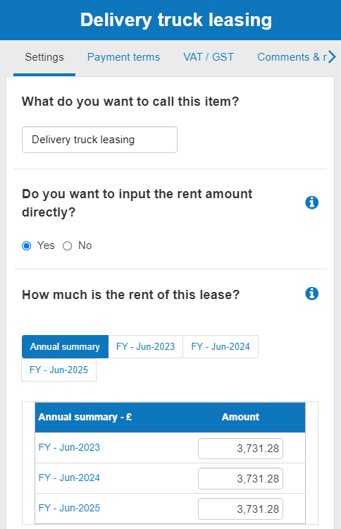 The settings tab showing key information about your lease including its name and value