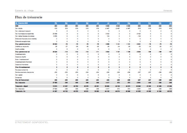 Prévisionnel de trésorerie mensuel du modèle de business plan d'épicerie dans un village