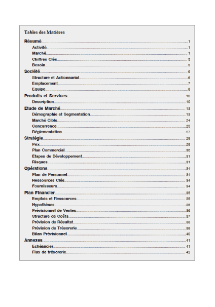 table des matières du modèle de business plan d'entreprise de peinture en bâtiment