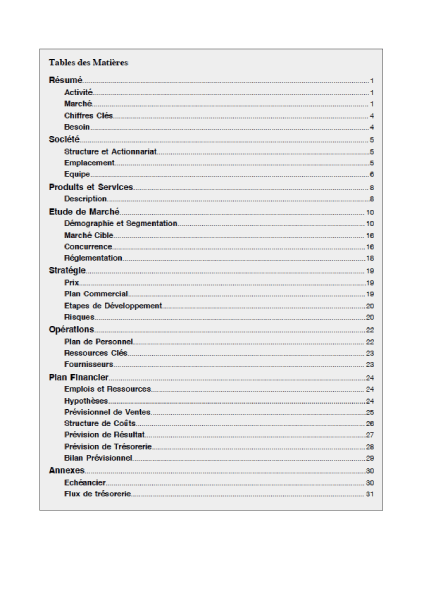 table des matières du modèle de business plan de restaurant italien