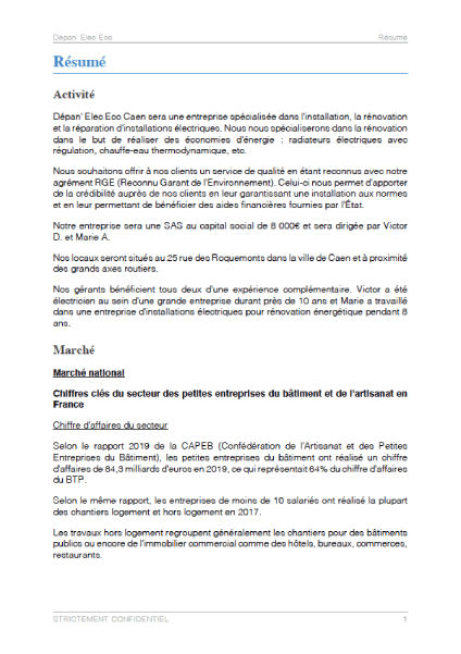 executive summary du modèle de business plan électricien