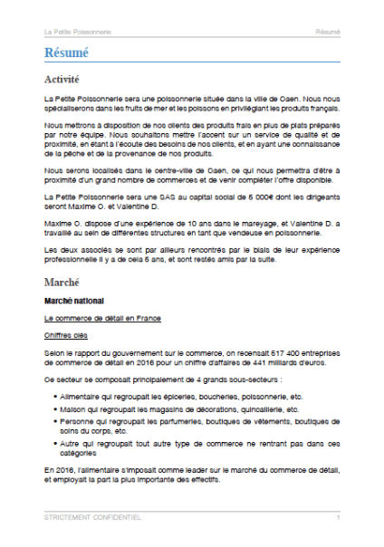 executive summary du modèle de business plan de poissonnerie