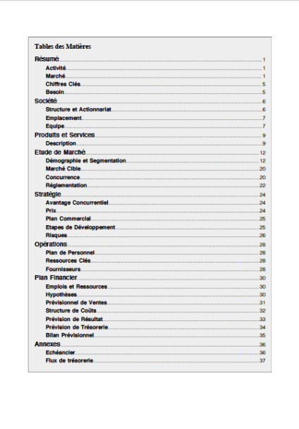 table des matières du modèle de business plan de poissonnerie