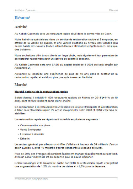 executive summary du modèle de business plan de kebab