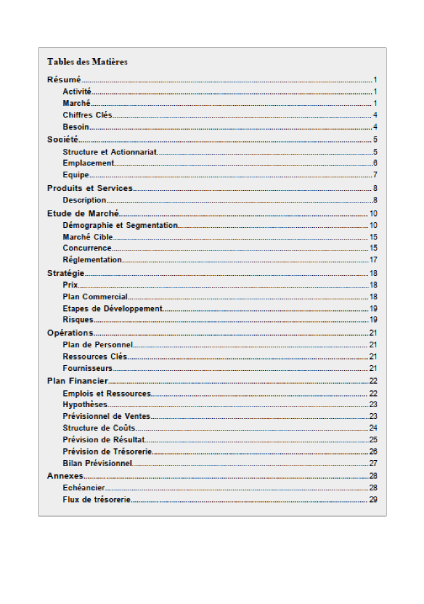 table des matières du modèle de business plan de kebab