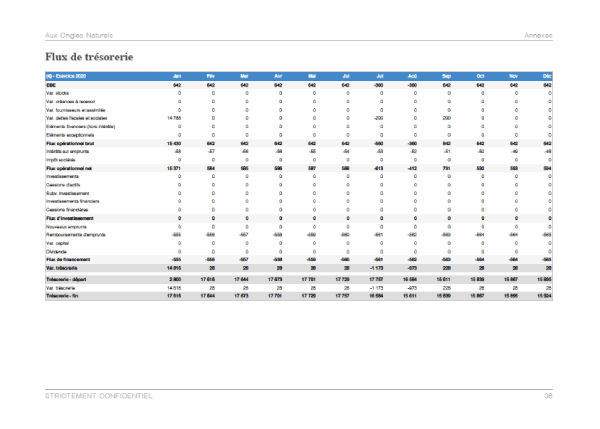 Prévisionnel de trésorerie mensuel du modèle de business plan bar à ongles