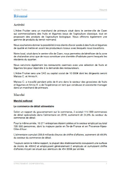 executive summary du modèle de business plan primeur