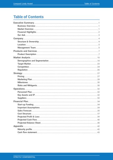 cover page and table of contents for the hostel business plan template by The Business Plan Shop