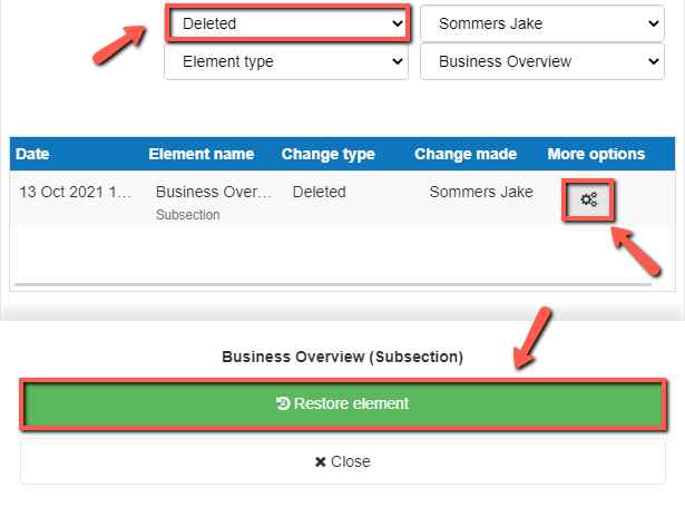  Using the business plan shop's software to restore deleted subsections on mobile