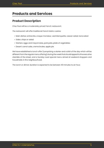product and services description of the restaurant business plan example
