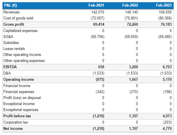 projected income statement table for thrift shop