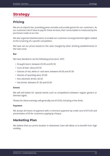 eSports bar business plan example: stragtegy section