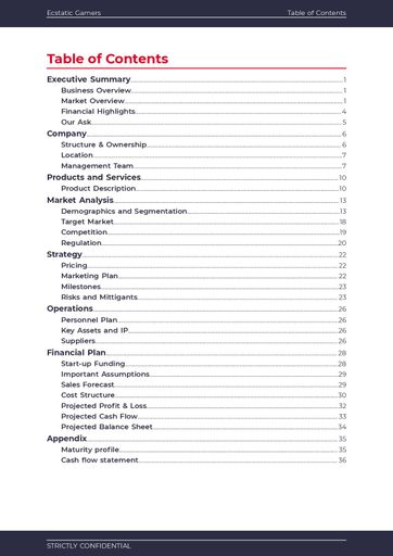 cover page and table of contents for the eSports bar business plan template by The Business Plan Shop