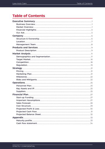 cover page and table of contents for the car wash business plan template by The Business Plan Shop