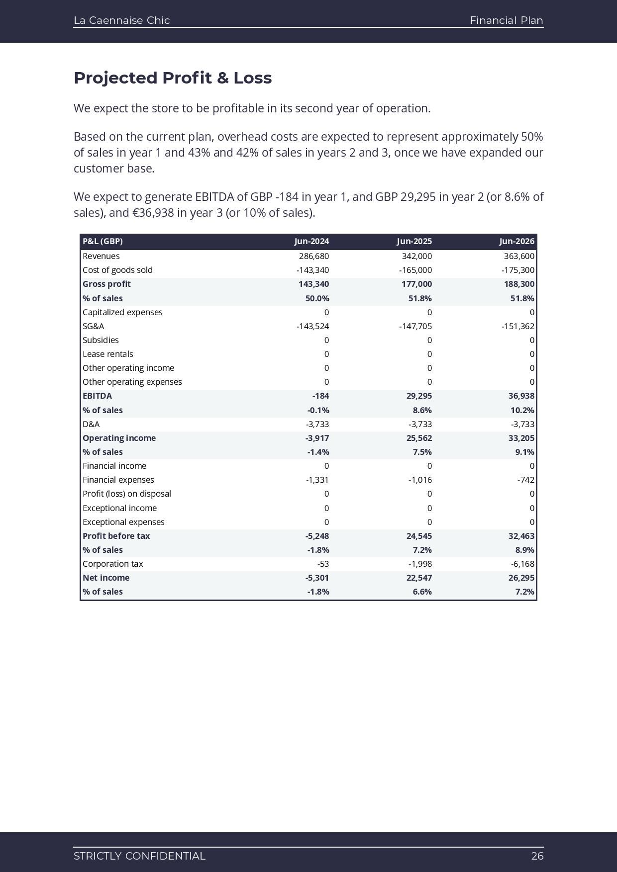 clothes shop business plan forecasted P&L