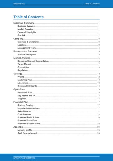 cover page and table of contents for the pizzeria business plan template by The Business Plan Shop