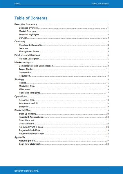 business plan template florist: table of contents