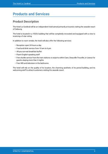 product and services description of the hotel business plan example
