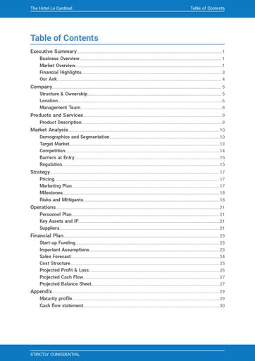 cover page and table of contents for the hotel business plan template by The Business Plan Shop
