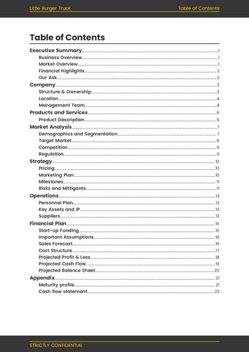 cover page and table of contents for the food truck business plan template by The Business Plan Shop