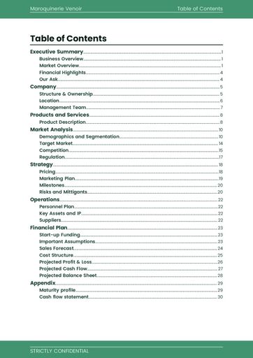 cover page and table of contents for the leather goods shop business plan template by The Business Plan Shop