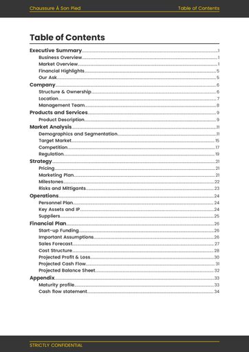 cover page and table of contents for the shoe shop business plan template by The Business Plan Shop