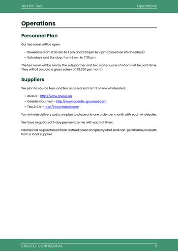 Tea room business plan template: operations section