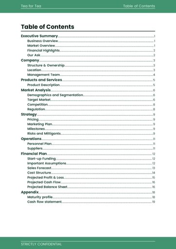 cover page and table of contents for the tea room business plan template by The Business Plan Shop