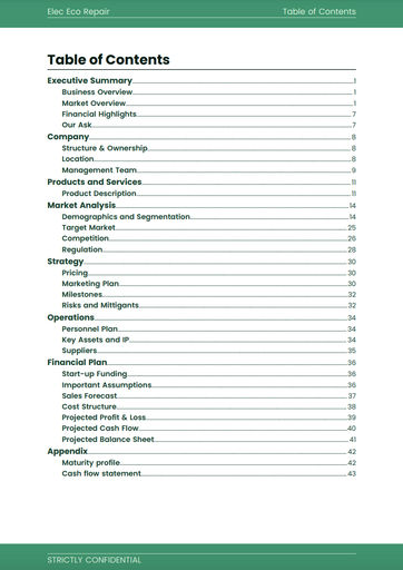 cover page and table of contents for the electrician business plan template by The Business Plan Shop