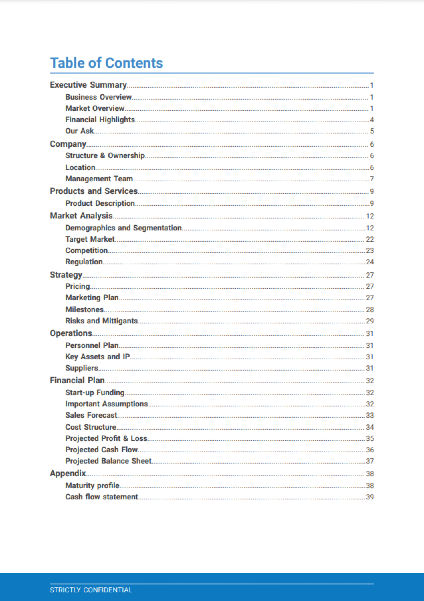 table of contents of the painting business plan template