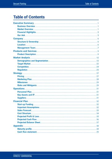 cover page and table of contents for the painting company business plan template by The Business Plan Shop