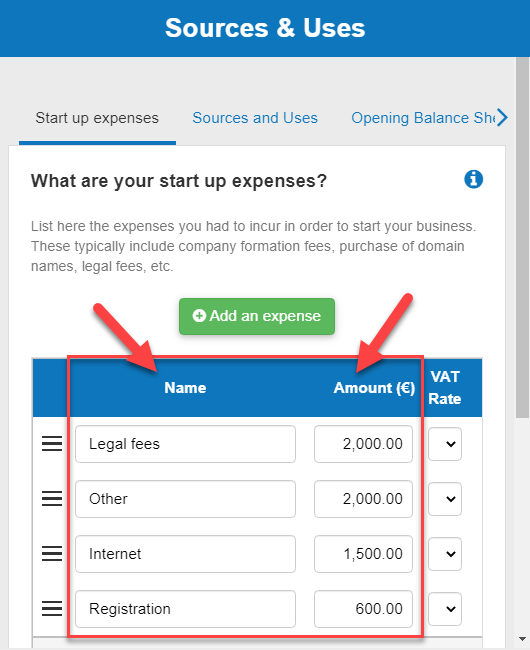  editing the name and amount of a startup expense in the table