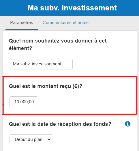 saisie des données annuelles pour le montant de la subvention d'investissement