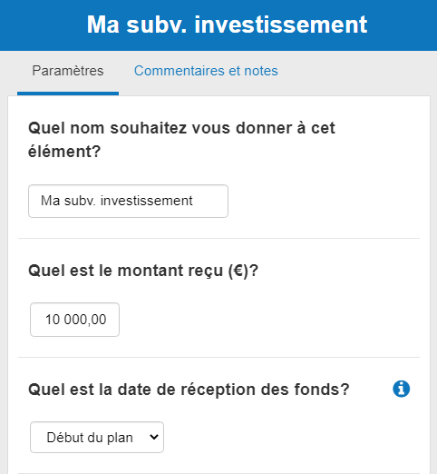 saisie de subvention d'investissement dans The Business Plan Shop