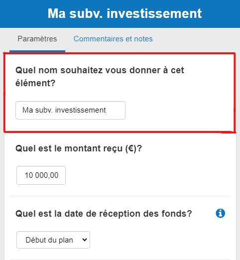 nom d'une subvention d'investissement