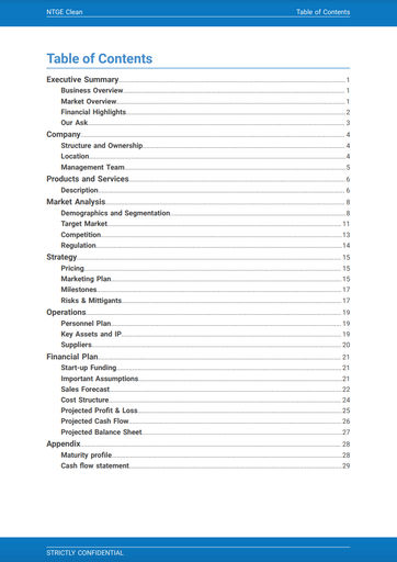 cover page and table of contents for the cleaning business plan template by The Business Plan Shop