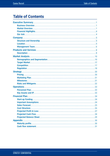cover page and table of contents for the recruitment agency business plan template by The Business Plan Shop