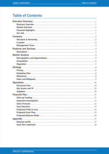cover page and table of contents for the hair salon business plan template by The Business Plan Shop