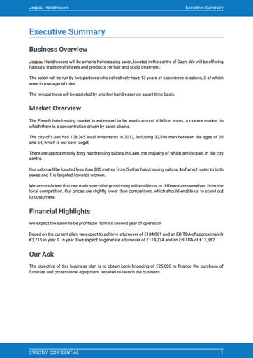 executive summary for hairdresser business plan sample