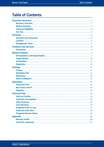 cover page and table of contents for the travel agent business plan template by The Business Plan Shop